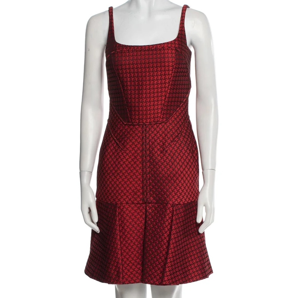 J. Mendel Red & Black Houndstooth Fit & Flare Dress – Size 8